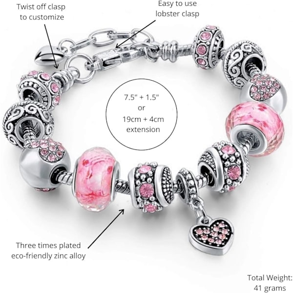 Pink Hearts hopeoidut rannekorut naisille ja teini-ikäisille tytöille, set helmillä ja käärmeketjunjatkajalla, säädettävä rannekoru.