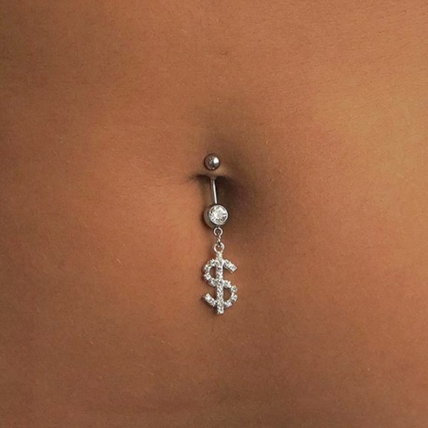 Dollar Sign Cash Money Charm Navel Ring Body Jewel - Perfet Silver