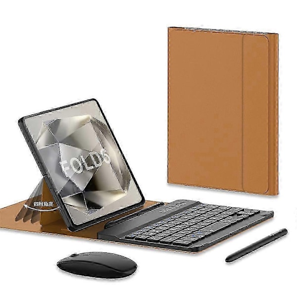 Tangentbord och mus för Samsung Galaxy Z Fold 6, Uppgraderat Bärbart Magnetiskt Bluetooth-tangentbord med Läderfodral och Kapacitiv Penna - Perfekt Brown