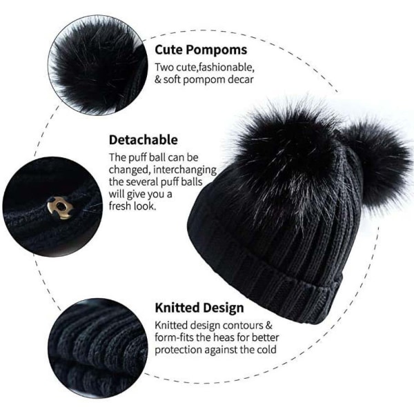 Beechfield Barn/Barn Fuskpäls Dubbel Pom Pom mössa Black Junior