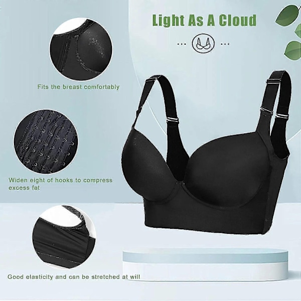 Push Up BH til Kvinder, Full-Coverage Bøjle BH, Skjuler Rygfedt Dyb Cup BH, Glattende T-shirt BH, Formende Uplift BH - Perfekt Black 44D