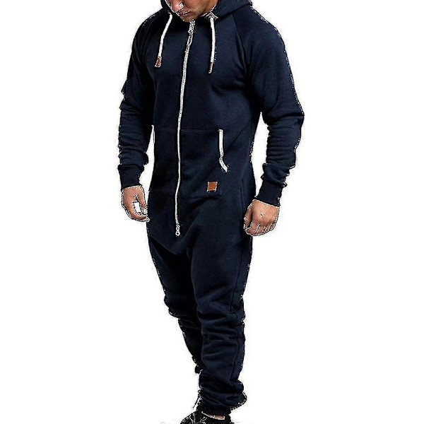 Herre En-delt Hoodie Glidelås Jumpsuit Vinter Casual Hettemønstret Jumpsuit - Perfekt Navy Blue 2XL