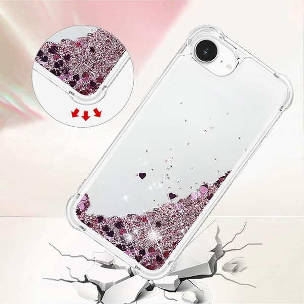 Deksel Kompatibelt med iPhone 16e TPU-deksel Glitter Flytesand Støtsikkert Telefon Bakdeksel - Rose Gull / Hjerter-Perfet