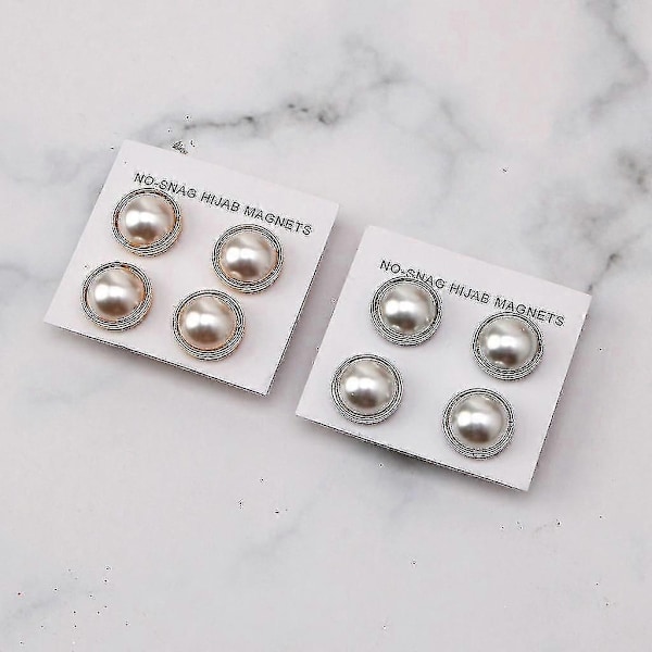 Utsökt 4-pack Vit Pärla Hijab Brosch Säkerhet Magnetisk Mode Sjal Halsduk Nålar Inga Hål-Perfekt Silver