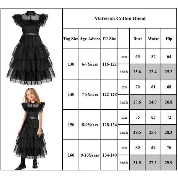 Kids Addams svart klänning tjej onsdag halloween cosplay kostym - Perfet 130cm