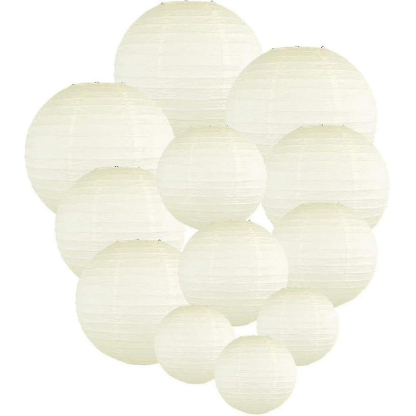 12 stk Papirlykter Multifargede Dekorative Runde Papirlykter for Festivalfest Jubileum med 4 Størrelser - Perfekt Ivory White