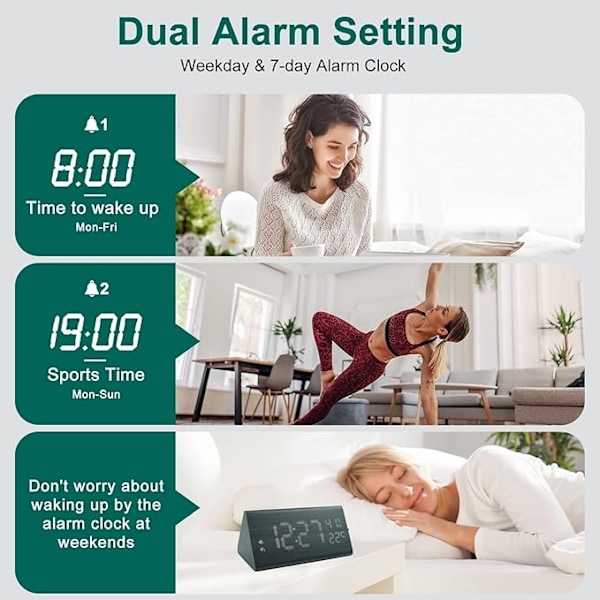 Digital klocka, väckarklocka i trä med 2 larminställningar, - Perfet