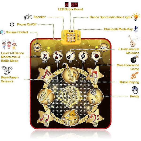 Dansematte, Dansespill Lekegave for Jenter og Gutter 3-12 år, Danseplate med Trådløs Bluetooth, 9 Utfordrende Spillmoduser - Perfekt Gold