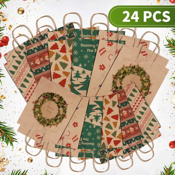 Pakke med 24 julegaveposer Genanvendelige papirposer Håndtag - Perfet Brown