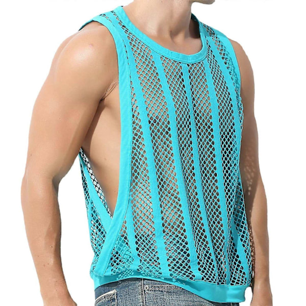 Mænds Fiskenet Tank Sheer Ærmeløs T-Shirt Top - Perfet Blue XL