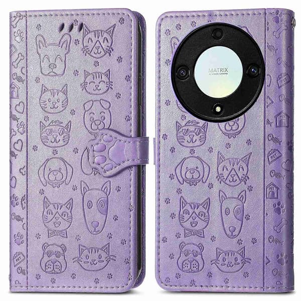 Kompatibel med Honor Magic5 Lite Sött Katt- och Hundpräglat Läderfodral - Perfekt