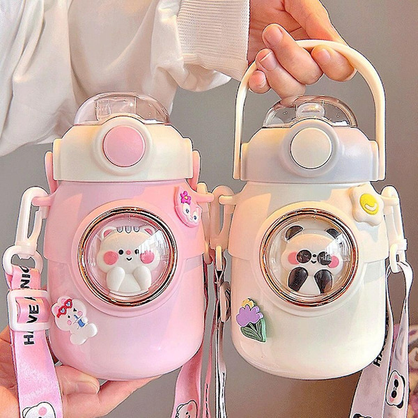 Kawaii vesipullo tytöille lapsille 700 ml suuri tilavuus termospullo oljilla söpö sarjakuva thermal lapsille - tyhjiöpullot ja termospullot White 700ml