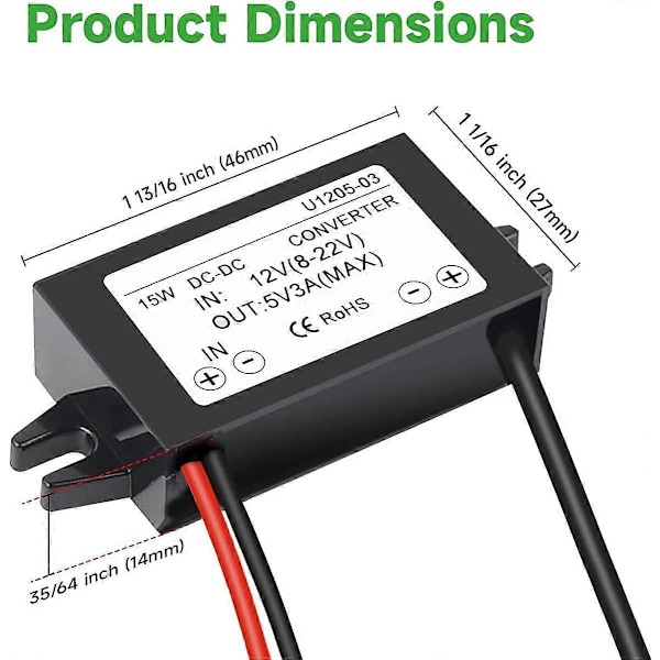 1 Styck Vattentät 12V till 5V 3A Konverterare, Typ C USB C DC-DC Spänningsomvandlare Strömförsörjning Kompatibel med Raspberry Pi 4, Mobiltelefon, Bil - Perfekt