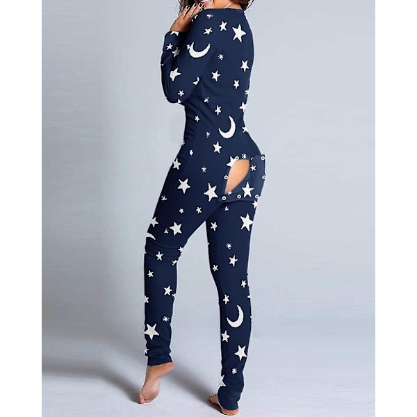 Sexy Pyjamas for Kvinner - Julepyjamas, Nyttårs Jumpsuit, Nattøy, Knappestolpe Foran og Bak, Åpen Rumpe, Jumpsuit med Juletrykk, Loungewear Blue S