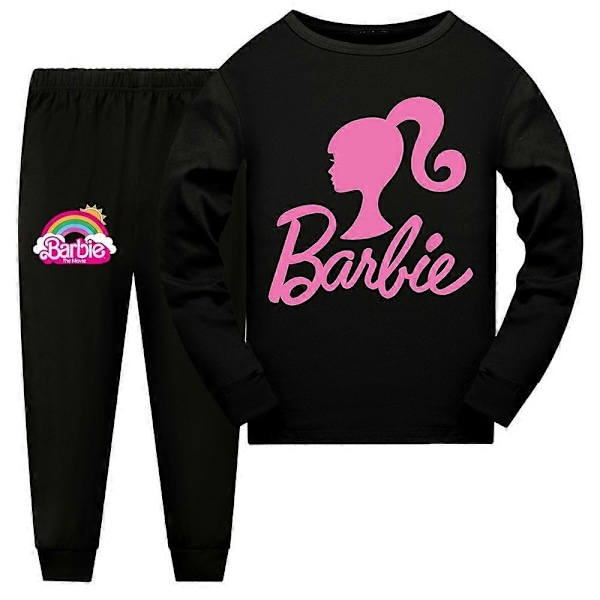 7-14-vuotiaille tytöille Barbie-pyjamasetti pitkähihainen hupun kanssa ja housut - Täydellinen Black 9-10 Years