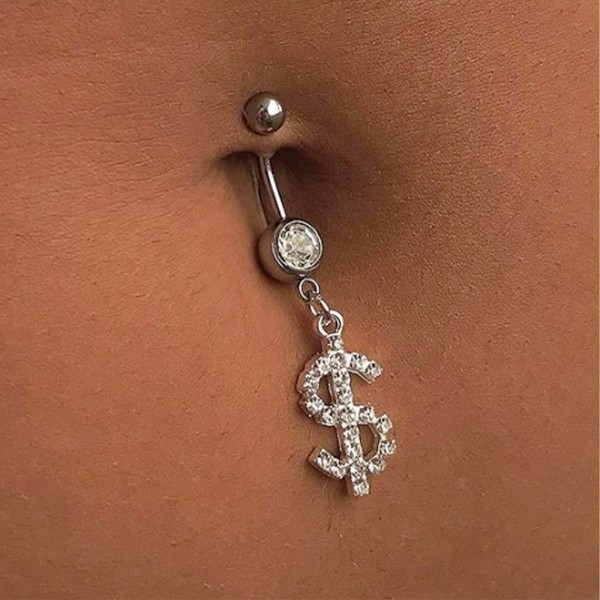 Dollar Sign Cash Money Charm Navel Ring Body Jewel - Perfet Silver