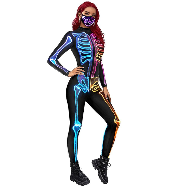 Skelet kostume Halloween dekoration Cosplay jumpsuits Farverig skelet krop 3d Stretch Skinny - Perfet M