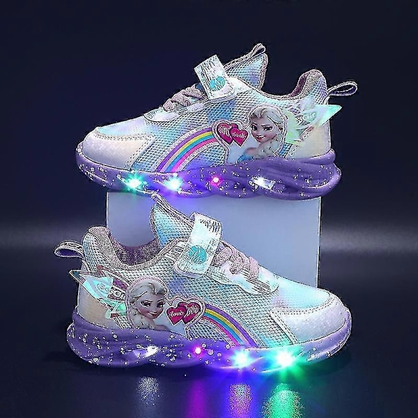 Flickor LED Casual Sneakers Elsa Princess Tryck Utomhusskor Barn Lysande Halkfria Skor för Vår och Vinter-Perfekt Purple 33-insole 20.6cm