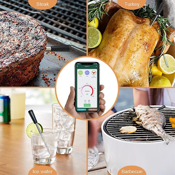 Trådlös Kötttermometer 5-10 Minuters Snabbladdning 98 Fots Trådlös Räckvidd Bluetooth Köttpåse för Grillning och -Perfekt