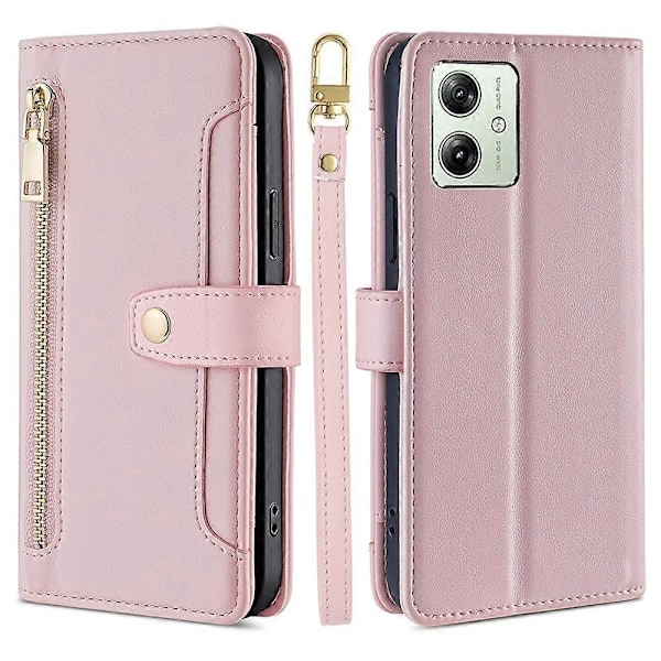 Mobilfodral med blixtlås och kortfack för Motorola Moto G54 5G - Perfekt skyddande fodral med 2 remmar Pink