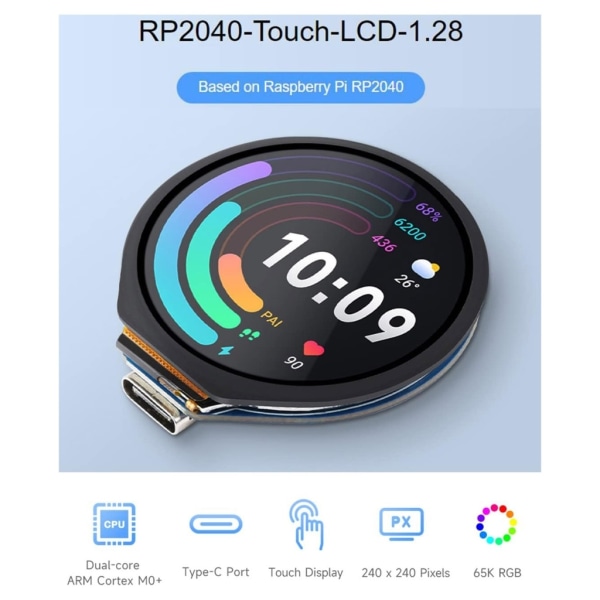 RP2040 utviklingskort med 1,28" berøringsskjerm Kraftig MCU-kort DualCore Arm Cortex M0+-prosessor - Perfet