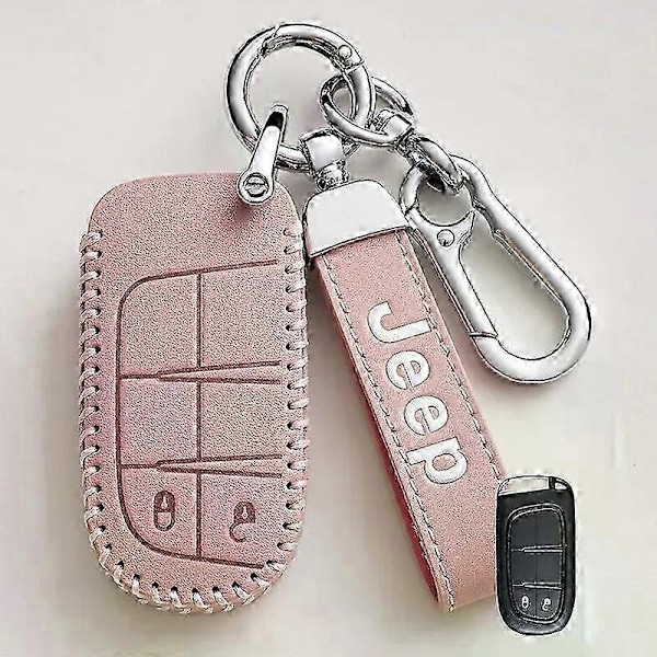 Nytt Läder Bilnyckel Fodral Kompatibelt med Jeep Renegade Compass Grand Cherokee Kompatibelt med Chrysler 300C Wrangler-Perfekt A-pink