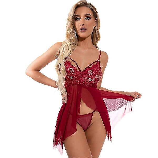 Kvinder Sexet Gennemsigtig Blonde Babydoll Lingeri Natkjole med Stropper og G-streng Undertøjssæt - Perfekt Wine Red S