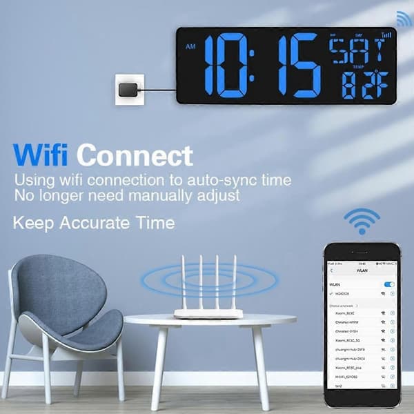 Modern LED Digital Väggklocka med Fjärrkontroll Lättläst Display Lämplig för Seniorer - Perfekt WIFI remote control