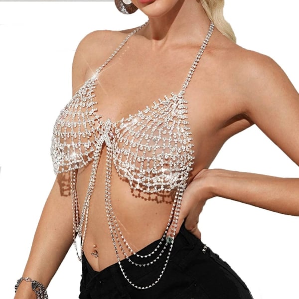Boho Rhinestone Mesh Tyg BH Kedja Silver Layered Kristall Bröst Kedja Tofs Bikini Body Smycken för kvinnor - Perfet