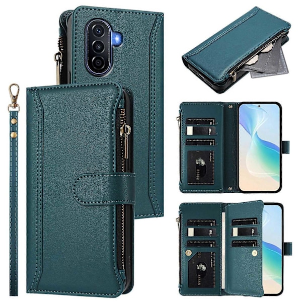 Kompatibel med Magnetisk Stängning 9 Kortplatser Dragkedja Läderfodral med Handrem-Perfet For Huawei Enjoy 50 4G
