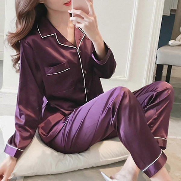Dam Satin Silk Look Sovkläder Pyjamas Långärmad Nattklädesset-Perfet Purple L