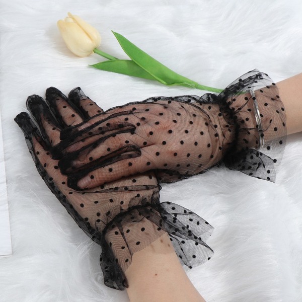 Lace Short Gloves Ruffle Trim Layer Tulle Mesh Semi Sheer Black - Perfet