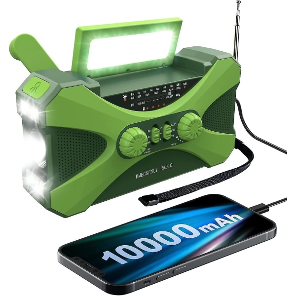 10000mah Nødradio Solar Håndsving Radio Bærbar Am/fm/noaa Vejrradio med telefonoplader Lommelygte-Perfet Green