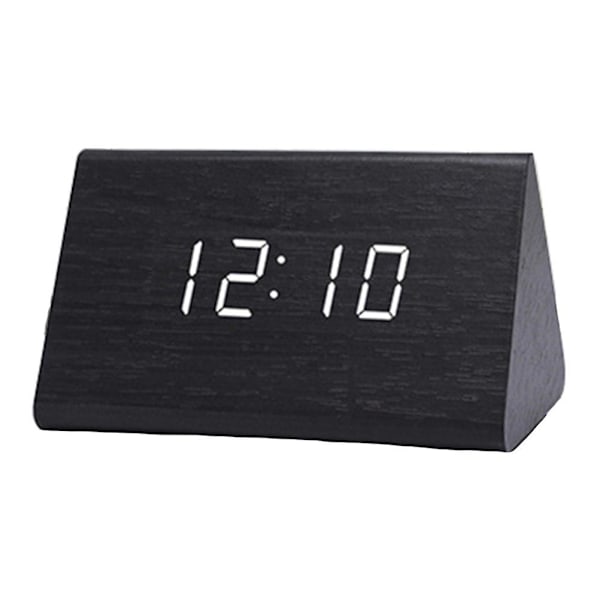 Modern Triangelformad LED Träväckarklocka Klassisk Digital Ljudstyrd Skrivbords Klocka Termometer (Svart Trä och Vit Ljus) - Perfekt