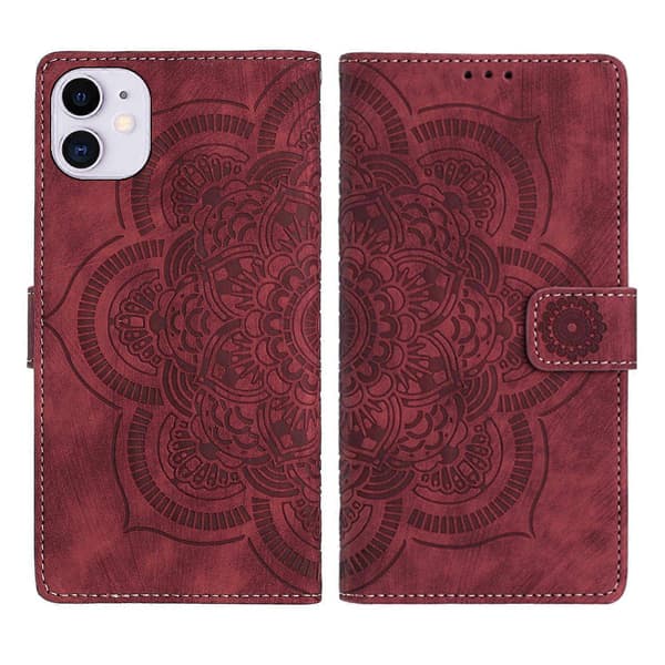 för iPhone 11 Läderfodral WANLONFENG HDM-serien Mandala Prägling Plånboksställ Telefonskal - Perfekt WineRed