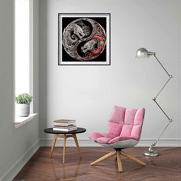 Korkealaatuinen 5D timanttimaalaussarja, Yin Yang Panda/Lohikäärme/Riikinkukko/Norsu DIY täysi pyöreä timantti, kodin seinäkoriste 30x30cm - Täydellinen C - Dragon