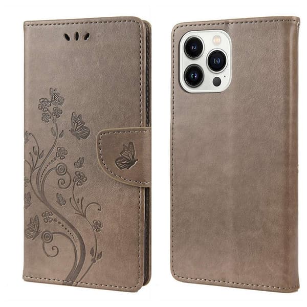 Butterfly Flower PU-deksel Kompatibelt med iPhone 14 Pro-Perfet Grey