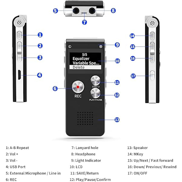 16 GB digital röstinspelare (diktafon), uppladdningsbar USB och 30-Perfet