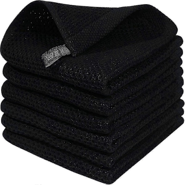 6-pack 100% Bomull Frotté Köksdukar - Hängögla för Disk och Köksrengöring - Perfekt Black 34*34cm