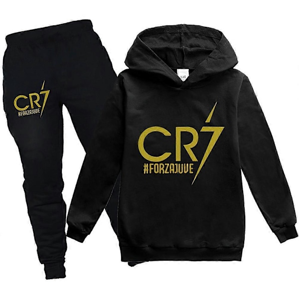 Pieces Cristiano Ronaldo Hoodie VM Nummer 7 Gave Fodboldstjerne Hoodie og Blå Bukser Sæt Piger Drenge Hættetrøje Trøje Børn - Perfekt Black 2-3years
