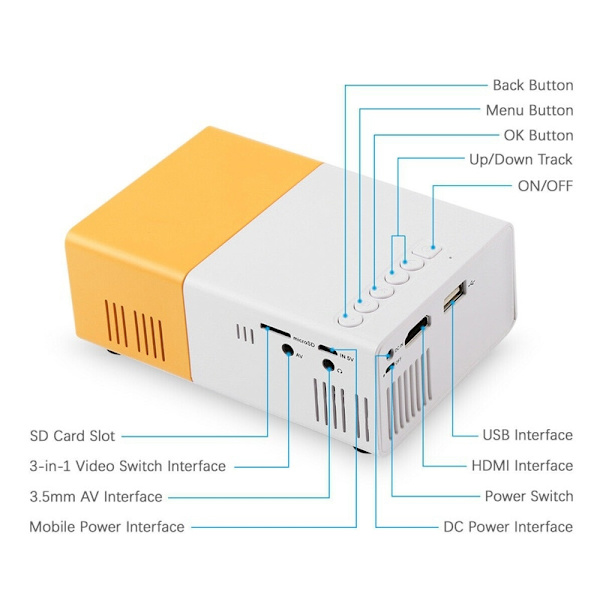 Miniprojektor HD 1080P 4K HDMI video liten projektor for hjemmet - Perfet yellow & white EU Plug