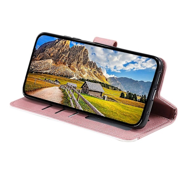 för Motorola Moto G15 4G Läderfodral Splitsning Sömmar Plånbok Ställ Telefonskal med Rem - Rose-Perfet Rose Gold