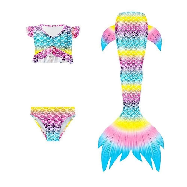 3 stk./sett Jenter Havfruehale Badedrakt Barn Havfrue Ariel Cosplay Kostyme Fantasy Strand Bikini Sett-Perfekt Rainbow Vest 150cm