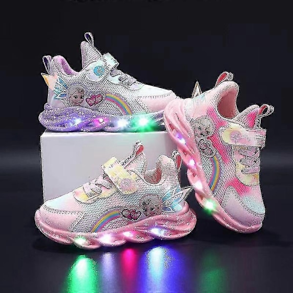 Flickor LED Casual Sneakers Elsa Princess Tryck Utomhusskor Barn Lysande Halkfria Skor för Vår och Vinter-Perfekt Purple 34-insole 21.2cm