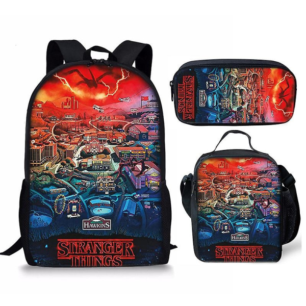 Stranger Things4 Student Skolväska Barn Unisex ryggsäck Lunchväska - Perfet 1 3pcs