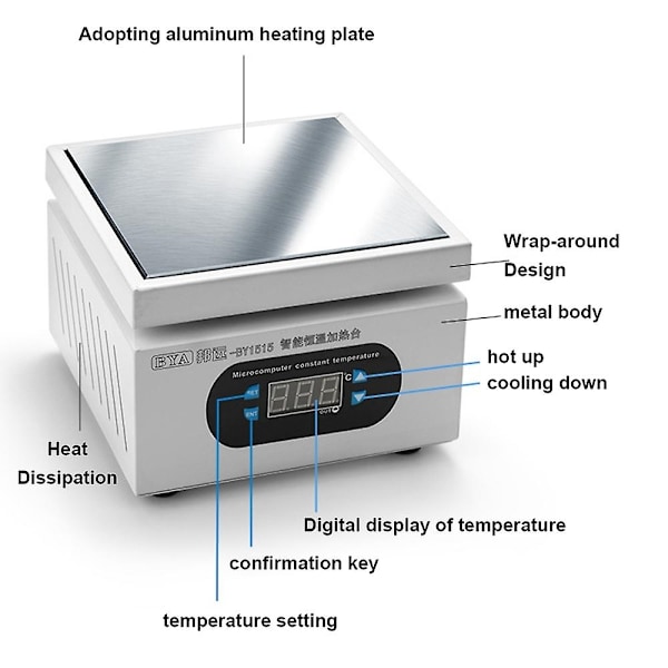 Aluminium Plade Varmestation Elektronisk Varmeplade Bord Forvarmning PlatCompatible medm 0-400℃ Kompatibel med BGA Plantin-Perfet BY1515 - EU Plug