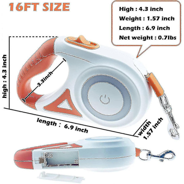 Hundkoppel Retraktil Koppel med LED-ficklampa för Valpar Små och Mellanstora Hundar Koppel Enhands Broms Fri Rörelse 5-Orange(16FT)