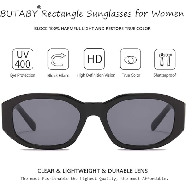 BUTABY rektangelsolbriller for kvinner Retro kjørebriller 90-talls vintage uregelmessig innfatning UV400-beskyttelse - Perfet
