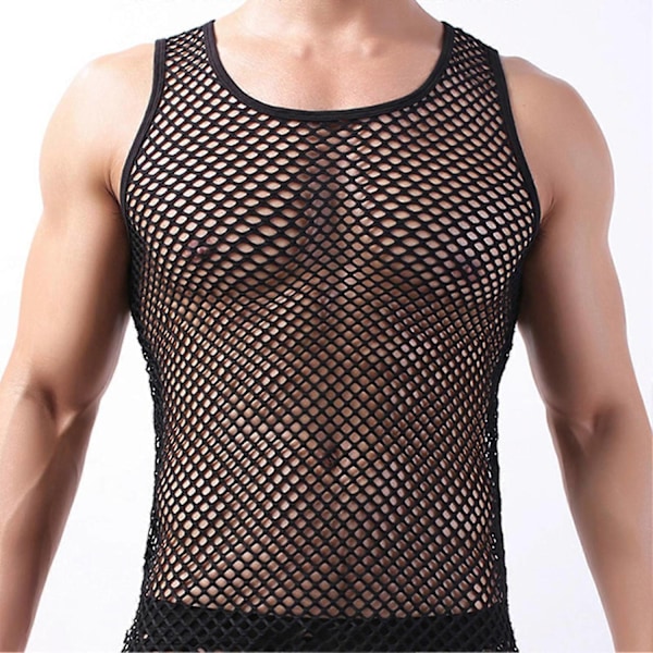 Fianao Mænds Underbukser Mesh Gennemsigtig Pyjamas Fiskegarn Solid Farve Vest Søvn Perfekt Black L