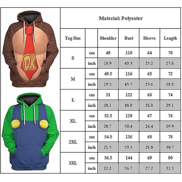 Mario Luigi Peach Bowser Donkey Kong Kostym Vuxen Unisex Hoodie Tröja Super Bros. Film Huvtröja Cosplay Kostym-Perfekt Donkey Kong L